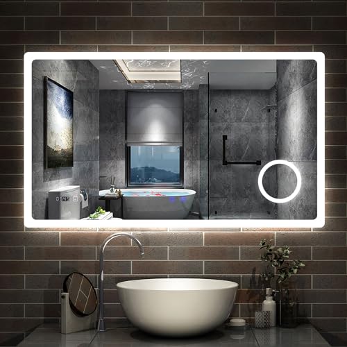 Aica Sanitär Badspiegel mit Bluetooth 100×60cm Uhr Schminkspeigel Kalt/Neutral/Warmweiß dimmbar Touch/Wandschalter Beschlagfrei Spiegel Badezimmerspiegel von Aica Sanitär