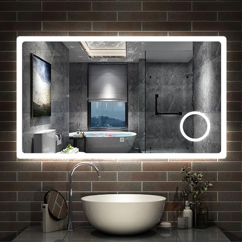 Aica Sanitär Badspiegel mit LED Schminkspiegel 120×60cm Kalt/Neutral/Warmweiß dimmbar Touch/Wandschalter Beschlagfrei Spiegel Badezimmerspiegel von Aica Sanitär