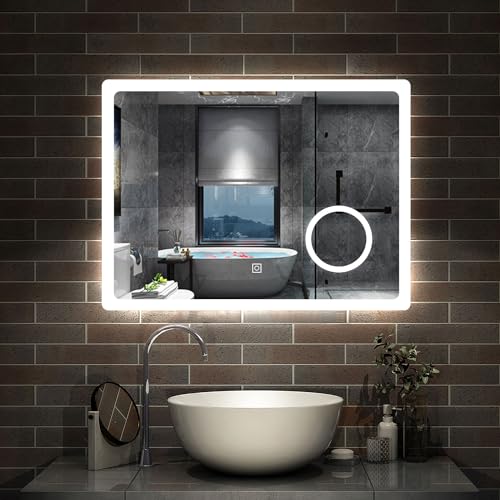 Aica Sanitär Badspiegel mit LED Schminkspiegel 80×60cm Kalt/Neutral/Warmweiß dimmbar Touch/Wandschalter Beschlagfrei Spiegel Badezimmerspiegel von Aica Sanitär