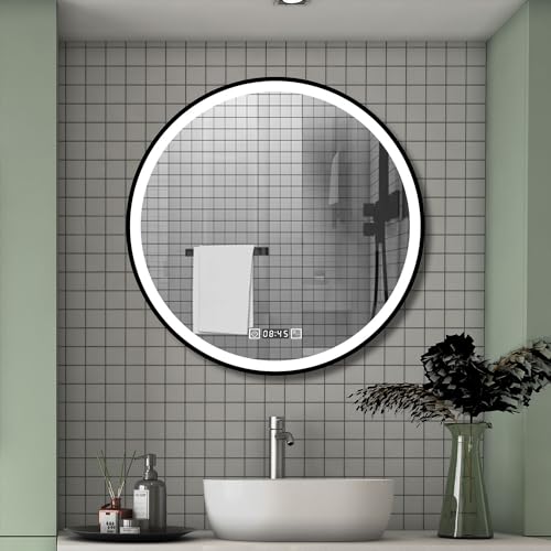 Aica Sanitär Badspiegel mit Uhr Rund 60cm Warm/Neutral/Kaltweiß dimmbar Memory Wand/Touchschalter Anti-Beschlag Runder Spiegel von Aica Sanitär