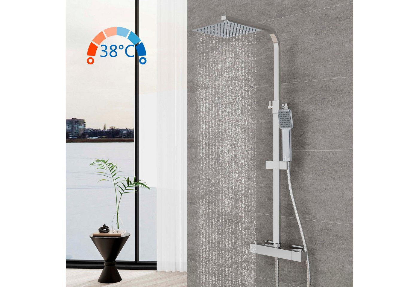 Aica Sanitär Duschsystem AICA 38°C Thermostat-Duschset mit Regendusche & Handbrause, Set, Brauseschlauch mit Verdrehschutz von Aica Sanitär