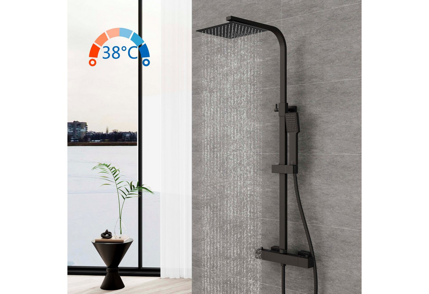 Aica Sanitär Duschsystem AICA 38°C Thermostat-Duschset mit Regendusche & Handbrause, Set, Brauseschlauch mit Verdrehschutz von Aica Sanitär