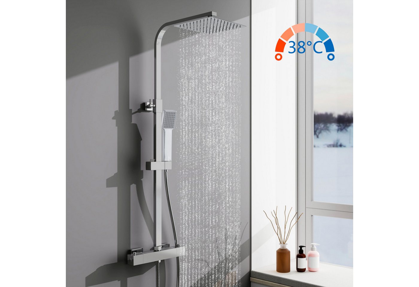 Aica Sanitär Duschsystem Duschset mit Thermostat 38℃ verstellbare Duschstange aus Edelstahl, Set, Brauseschlauch mit Verdrehschutz, 2 Strahlart(en), Duschset mit Handbrause und 8-Zoll-Kopfbrause von Aica Sanitär