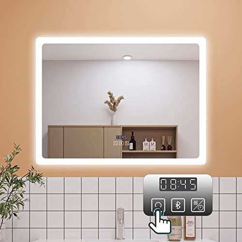 Aica Sanitär LED Badspeigel 70×50cm Bluetooth Uhr 3 Lichfarbe dimmbar Memory Wand/Touchschalter Anti-Beschlag Spiegel mit Beleuchtung energiesrarend von Aica Sanitär