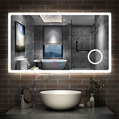 Aica Sanitär LED Badspiegel 100×60cm 3 Lichtfarbe 2700-6500K dimmbar Wandspiegel mit Uhr, Touch, Beschlagfrei,3-Fach Vergrößerung Schminkspiegel IP44 Kalt/Neutral/Warmweiß energiesparend von Aica Sanitär