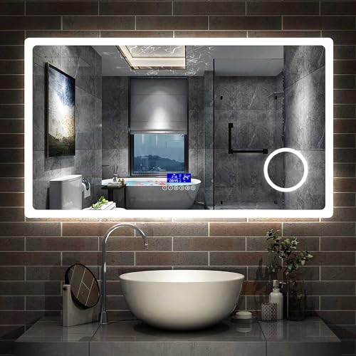 Aica Sanitär LED Badspiegel 140×80cm 2 Lichtfarbe 2700/6000K Wandspiegel mit Bluetooth, Uhr, Touch, Beschlagfrei,3-Fach Vergrößerung Schminkspiegel IP44 Kalt/Warmweiß energiesparend von Aica Sanitär