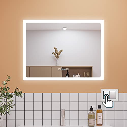 Aica Sanitär LED Badspiegel 70×50cm mit Uhr 3 Lichfarbe dimmbar Memory Wand/Touchschalter Anti-Beschlag Spiegel mit Beleuchtung energiesrarend von Aica Sanitär