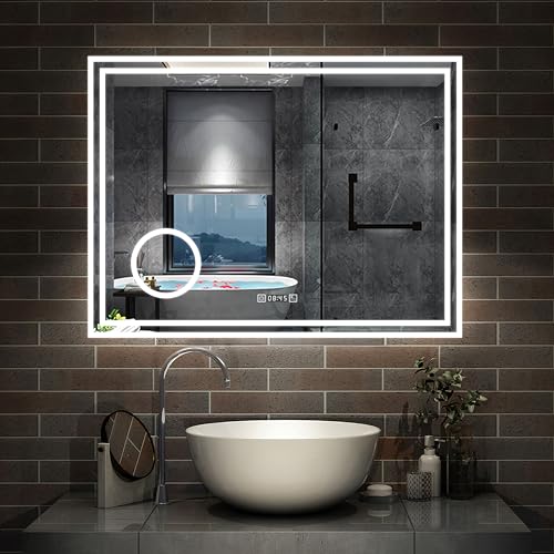 Aica Sanitär LED Badspiegel 80×60cm Schminkspiegel Uhr Kalt/Neutral/Warmweiß dimmbar Touch/Wandschalter Beschlagfrei Spiegel von Aica Sanitär