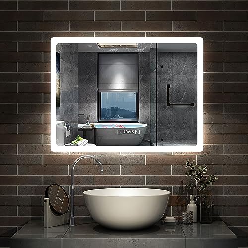 Aica Sanitär LED Badspiegel 80×60cm mit Uhr 3 Lichfarbe dimmbar Memory Wand/Touchschalter Anti-Beschlag Spiegel mit Beleuchtung energiesrarend von Aica Sanitär