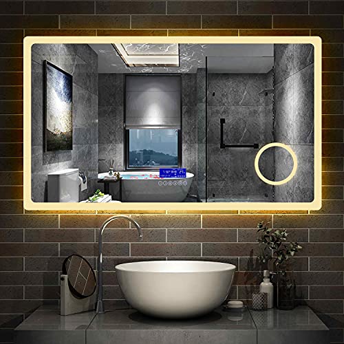 Aica Sanitär LED Spiegel Bad 140×80cm 2 Lichtfarbe 2700/6000K Wandspiegel mit Bluetooth, Uhr, Touch, Beschlagfrei,3-Fach Vergrößerung Schminkspiegel IP44 Kalt/Warmweiß energiesparend von Aica Sanitär