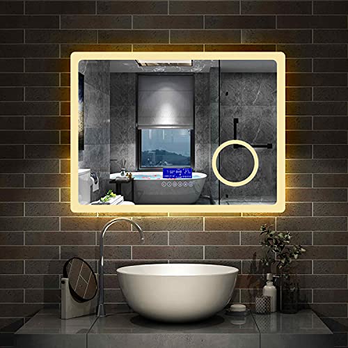 Aica Sanitär LED Spiegel Bad 80×60cm 2 Lichtfarbe 2700/6000K Wandspiegel mit Bluetooth, Uhr, Touch, Beschlagfrei,3-Fach Vergrößerung Schminkspiegel IP44 Kalt/Warmweiß energiesparend von Aica Sanitär