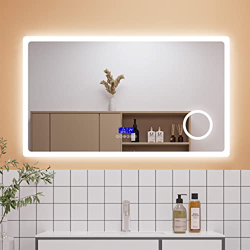 Aica Sanitär LED Spiegel Bad 80×60cm Bluetooth Uhr Schminkspiegel 3 Lichfarbe dimmbar Anti-Beschlag Spiegel mit Beleuchtung Explosionsschutzfolie energiesrarend von Aica Sanitär