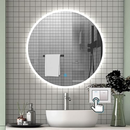 Aica Sanitär LED Spiegel Rund 60 cm Kalt/Neutral/Warmweiß, dimmbar, Memory Funktion, Wandschalter/Touch-Schalter Beschlagfrei LED Spiegel Wandspiegel mit Auto-Abschaltung von Aica Sanitär