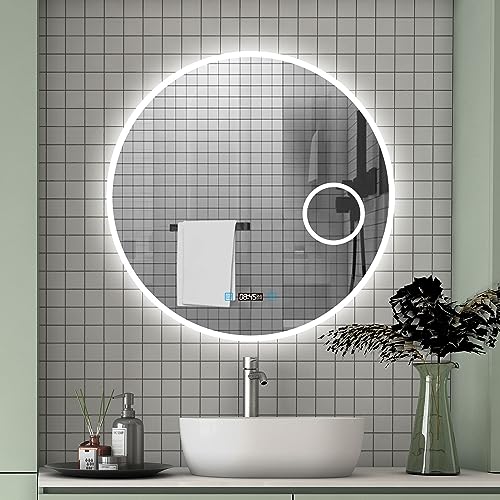 Aica Sanitär Runder LED Badspiegel 60cm mit Kosmetikspiegel Uhr Kalt/Neutral/Warmweiß dimmbar Touch/Wandschalter Memory Beschlagfrei von Aica Sanitär