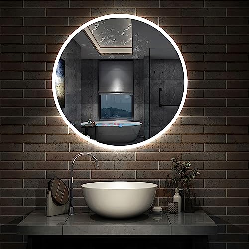 Aica Sanitär Runder LED Badspiegel Rund 80cm 3 Lichfarbe dimmbar Memory Wand/Touchschalter Anti-Beschlag Wandspiegel Rund Explosions-schutzfolie IP44 energiesrarend von Aica Sanitär