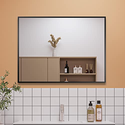 Aica Sanitär Wandspiegel Schwarz 80×60 mit Aluminiumrahmen Spiegel klein HD Glas für Badezimmer, Flur, Wohnzimmer, Gäste WC, Ankleidezimmer Schminkspiegel von Aica Sanitär