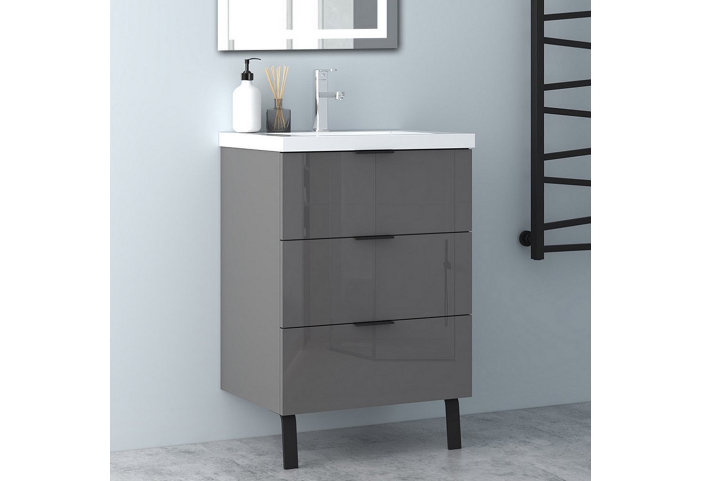 Aica Sanitär Waschtisch Badezimmerschrank Waschbecken mit Unterschrank Badmöbel Badschrank (Hängeschrank, mit Schrankfüße), 3 Schubladen mit Soft-Close Funktion, Waschbecken mit überlauf von Aica Sanitär