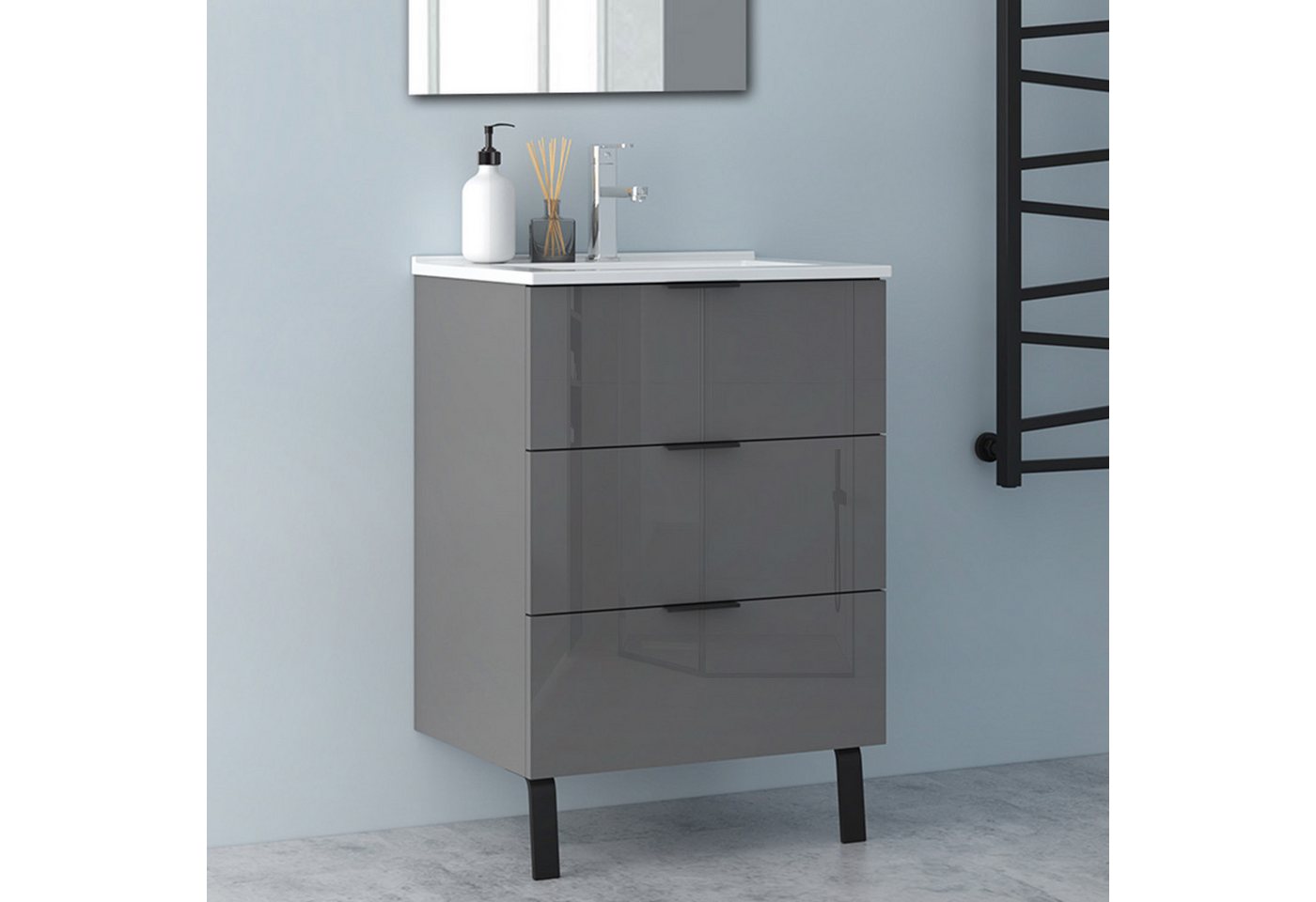 Aica Sanitär Waschtisch Badezimmerschrank Waschbecken mit Unterschrank Badmöbel Badschrank (Hängeschrank, mit Schrankfüße), 3 Schubladen mit Soft-Close Funktion, Waschbecken mit überlauf von Aica Sanitär