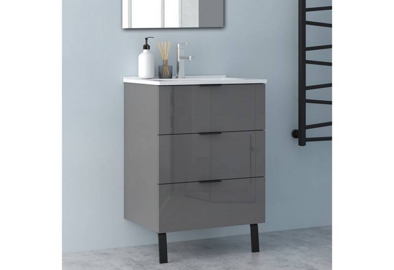 Aica Sanitär Waschtisch Badezimmerschrank Waschbecken mit Unterschrank Badmöbel Badschrank (Hängeschrank, mit Schrankfüße), 3 Schubladen mit Soft-Close Funktion, Waschbecken mit überlauf von Aica Sanitär