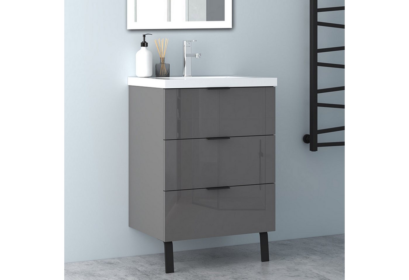 Aica Sanitär Waschtisch Badezimmerschrank Waschbecken mit Unterschrank Badmöbel Badschrank (Hängeschrank, mit Schrankfüße), 3 Schubladen mit Soft-Close Funktion, Waschbecken mit überlauf von Aica Sanitär