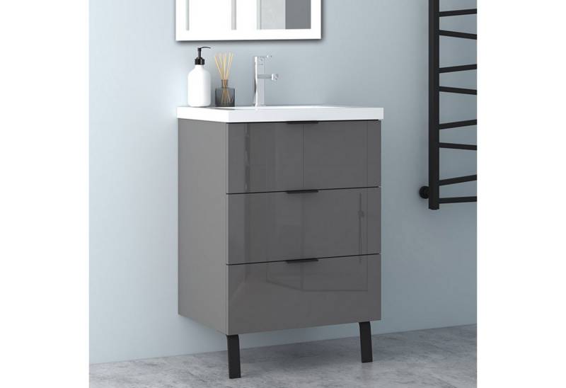 Aica Sanitär Waschtisch Badezimmerschrank Waschbecken mit Unterschrank Badmöbel Badschrank (Hängeschrank, mit Schrankfüße), 3 Schubladen mit Soft-Close Funktion, Waschbecken mit überlauf von Aica Sanitär