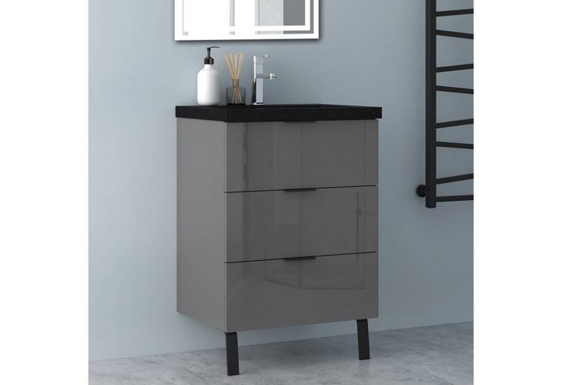 Aica Sanitär Waschtisch Badezimmerschrank Waschbecken mit Unterschrank Badmöbel Badschrank (Hängeschrank, mit Schrankfüße), 3 Schubladen mit Soft-Close Funktion, Waschbecken mit überlauf von Aica Sanitär