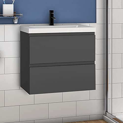 Waschtisch mit Unterschrank 60 cm Badmöbel Set mit Waschbecken Mineralguss Gäste WC Anthrazit Matt von Aica Sanitär