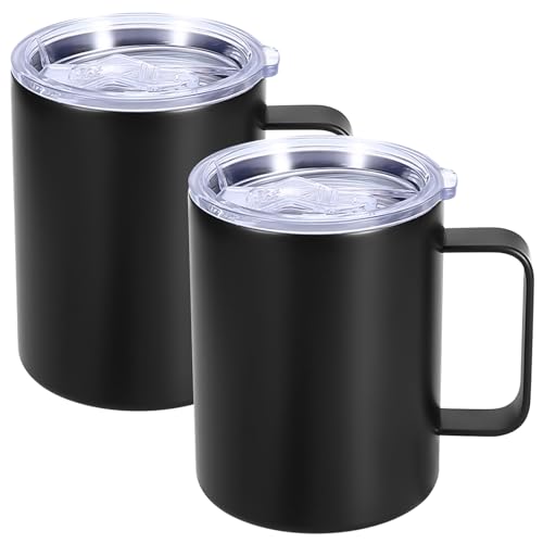 2er Set Edelstahl Thermobecher 350ml: Doppelwandige isolierte Kaffeetassen mit Henkel, Kaffeebecher BPA-frei, Bruchsicher, Campingbecher Tassen Set für Camping, Outdoor, Büro & Reisen (Schwarz) von Aicharynic