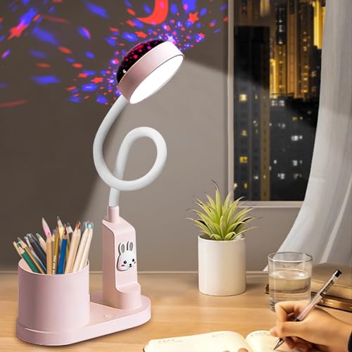 Aicharynic Schreibtischlampe Kinder, LED Nachttischlampe Kinder mit Stifthalter LED Tischlampe Dimmbar Himmel Tischlampe Wiederaufladbare 360° Verstellbar Schwanenhals Leselicht mit Stern Projektion von Aicharynic