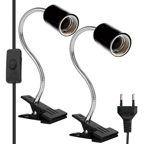 E27 Lampenfassung mit Clip, 2 Stück E27 Klemmleuchte 360° Verstellbarer Schwanenhals Lampe Schreibtischlampe mit Schalter und Stecker für Tiere, Tischlampe, Wachsende Pflanze (Ohne Glühbirne) von Aicharynic