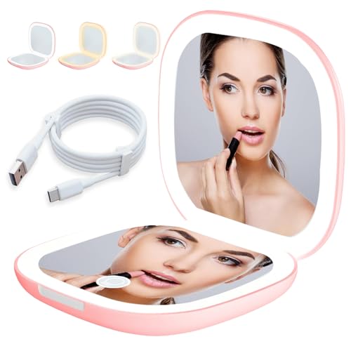 LED Taschenspiegel mit 1X/10X Vergrößerung, Kosmetikspiegel Vergrößerungsspiegel mit Licht Reisespiegel mit Dimmable und 2-Seitiger LED-Licht Handspiegel Klappbar, Geschenke für Mädchen,Rosa von Aicharynic