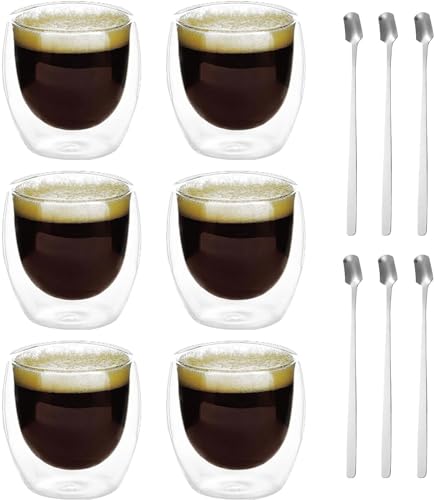 Latte Macchiato Gläser: Doppelwandig Espressotassen Set, 6 Stück 80ML Doppelwandige Gläser mit 6 Löffeln, Cappuccino Tassen Kaffeegläser Kaffeetassen Eiskaffee Glas Thermogläser Kaffeebecher von Aicharynic