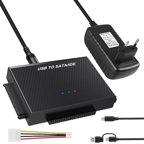 SATA Adapter USB 3,0 und IDE Adapter, 12V 2A DC-Netzteil, SATA USB Festplatten Adapter für 2,5''und 3,5''SATA & IDE HDD/SSD, Festapltten Adapter Konverter mit Windows/Linusx/Vista/XP, SATA Kabel von Aicharynic