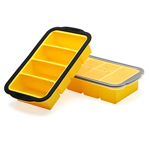 1-Cup Extra Large Freezing Tray for soup,broth,sauce or butter,Ice Cube Trays with lid, Silicone Freezer Container Molds Soup Trays -makes four great portions 1cup Cube-2 pack(Yellow) von Aichoof