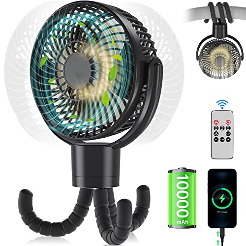 360° Oszillation Ventilator Kinderwagen mit Fernbedienung, 10000mAh Akku Mini Tischventilator 4-Stufen, Leise Tragbare Camping USB Fan mit LED Licht, Timer, Lüfter Flexiblem Stativ 56 Stunden, Ø17.2cm von AidSci