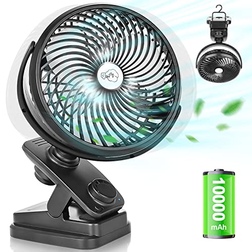 Oszillation Tischventilator 10000mAh Mini USB Ventilator Stufenloser Geschwindigkeit, Leise Clip Fan mit LED Licht, Tragbare Hängehaken Camping Klemmventilatoren 100 Stunden Wiederaufladbar, Ø 18 cm von AidSci