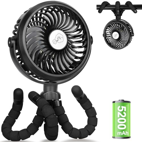 Verbesserte Kinderwagen-Ventilatoren 5200mAh Akku, Leise USB Ventilator mit 3 Stufen & 360° Verstellbar, Tragbare Camping Mini Tischventilator 24 Stunden, Handventilator mit Flexiblem Stativ, Ø14.8 cm von AidSci