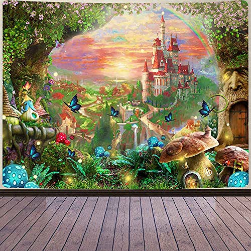 Aidatain Fantasy Forest Castle Tapisserie Psychedelic Plant Tree Märchen Pilz Landschaft Wandbehang Flanell Groß Größe 202 x 152 cm Tapestry für Schlafzimmer Wohnzimmer GTHHAT22 von Aidatain