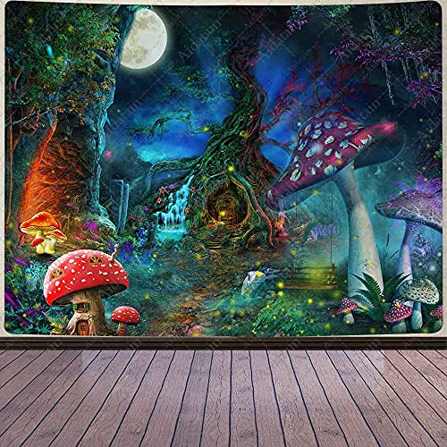 Aidatain Fantasy Pilz Wald Tapisserie Märchen Baumhaus Wasserfall Psychedelic Magic World Tapisserie Pilz Fee Flanell Große Größe 202 x 152 cm Wandteppich für Schlafzimmer Wohnzimmer GTCCAT1 von Aidatain
