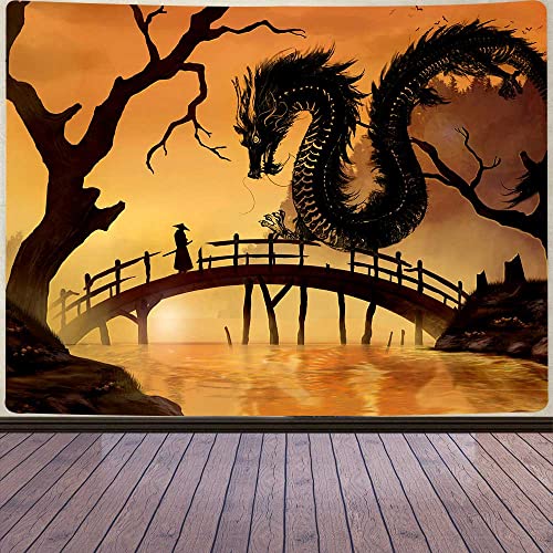 Aidatain Japanischer Drachen-Wandteppich, Anime-Samurai-Wandteppich, japanischer Stil, Wandbehang, Tinte, Landschaft, Hintergrund, Flanellstoff, 203.2x152.4 cm, Esszimmer, Studentenwohnheim GTZYAT035 von Aidatain
