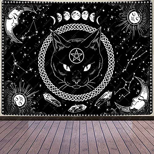 Aidatain Schwarze Katze Wandteppich für Männer, Gothic, Hexe, Mond, coole Anime-Wahrsagung, Hexerei, Altar, Tarot, Wandbehang, Flanell, große Größe, 203.2 cm, für Schlafzimmer, Wohnzimmer GTLMAT129 von Aidatain