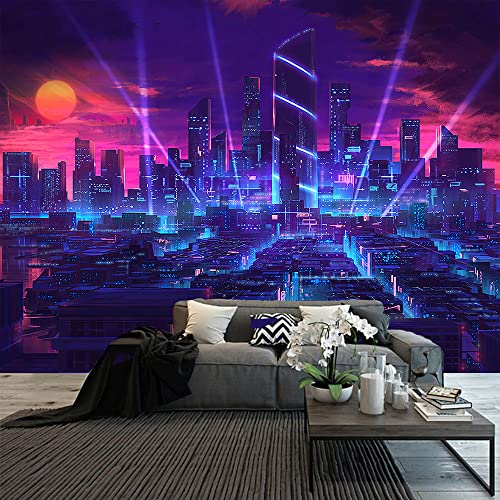 Aidatain Punk-Stadtbild-Wandteppich, groß, 274 x 228 cm, lila, blau, Neon, Straßenszene, Spielszene, japanischer Anime, Fantasie-Landschaft, Flanell-Tapisserie für Schlafzimmer und Wohnzimmer von Aidatain