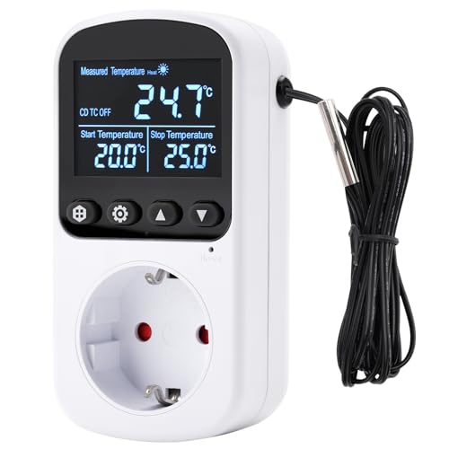 Aideepen Digital Thermostat Steckdose, Countdown Temperaturregler 230V 16A mit Fühler für Aquakultur Gewächshäuser Terrarium Heizung Kühlung von Aideepen