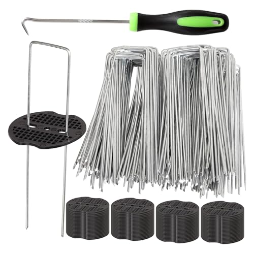 50 Unkrautvlies + 50 Pufferscheiben, 150 mm Unkrautmatte, Metall-Gartenlandschaftsklammern, Kunstrasennadeln, Bodenabdeckung, Moosgewebe, künstliche Barriere, Assesories (50) von Aidubaos
