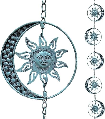 Aifeorzo Sun and Moon Dekorative Regenkette, 2,5 m Regenketten für Dachrinnen, Metall-Gartendekor-Regenspiel, funktionale Ersatz-Fangketten für Außenfallrohre, rotierendes Sonnengesichts-Design von Aifeorzo
