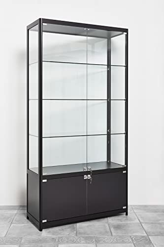 Glasvitrine + Unterschrank, schwarze Alu-Profile, inkl. LED-Beleuchtung B100xH198xT40cm | Verkaufsvitrine ESG-Sicherheitsglas abschließbar | Showroom-Vitrine 4 Ebenen Geschäftsvitrine Schmuckvitrine von Aigentlich