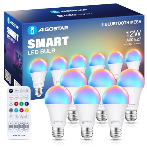 Aigostar 12W Alexa Glühbirne Bluetooth Mesh A60， Smarte Glühbirne Funktioniert mit Alexa， Smart Bulb E27 LED 1150LM RGB & 2700K-6500K， 6 Stücke (mit Bluetooth-Fernbedienung). von Aigostar