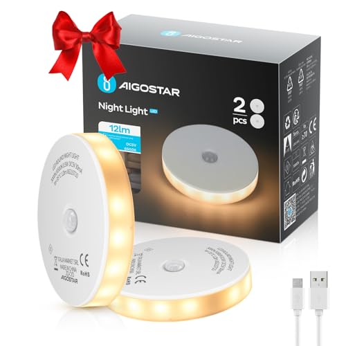 Aigostar 2 Stück Nachtlicht LED mit Bewegungsmelder, Nachtlampe mit 2 Farbtemperaturen, Selbsthaftende Schrankbeleuchtung Aufladbar USB mit Magnetstreifen für Kinderzimmer, Schlafzimmer, Flur, Küche von Aigostar