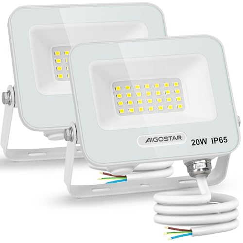 Aigostar 2er-Pack LED Strahler Außen 20W, 1650LM Superhell LED Fluter, IP65 Wasserdicht Außenstrahler, 6500K Kaltes Weiß Scheinwerfer Wandleuchtefür Garten, Innenhöfe, Garage, Hotel von Aigostar