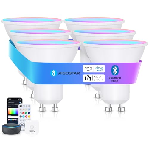 Aigostar Mesh - 6.5W GU10 Alexa Glühbirne Bluetooth Mesh, Smarte Glühbirne Funktioniert mit Alexa, Smart LED Bulb 555LM RGB & CCT(2700K-6500K), 6 Stücke (mit Bluetooth-Fernbedienung und Gateway) von Aigostar